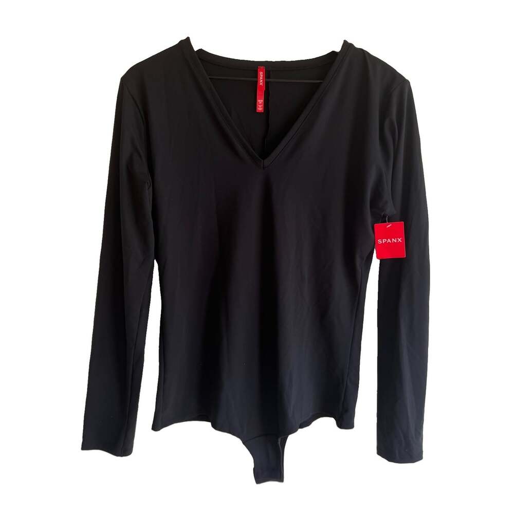NWT Spanx V Neck Long Sleeve Black Bodysuit Size 1X Plus Casual Basics Stretch